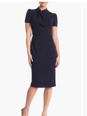 London Style Collection Classic Navy Tie-Neck Midi Dress